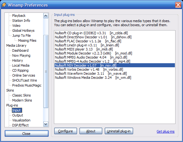 Winamp Plug-Ins Selection